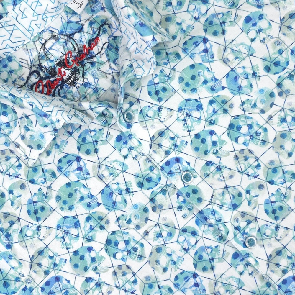 Robert Graham Shirt Mens Small Blue Skull Print Short Sleeve Button Stretch‎